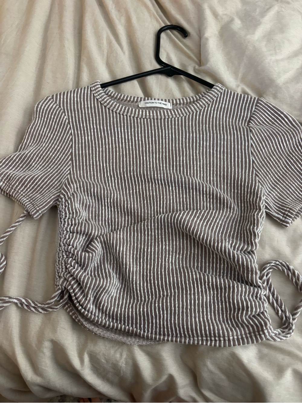 Caution To The Wind Taupe and White Striped Side-Tie Crop Top